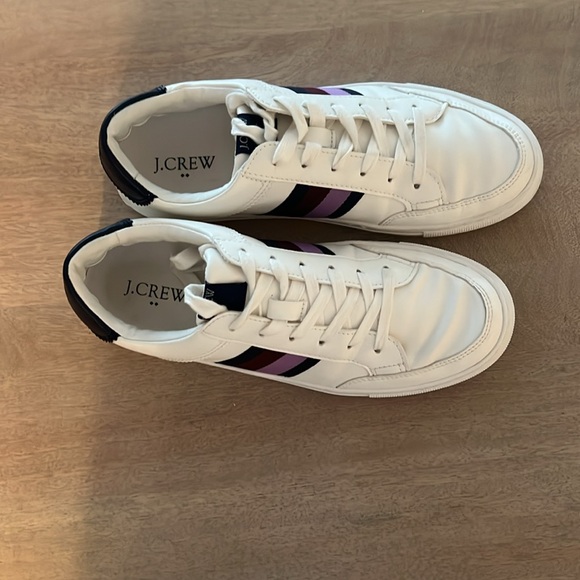 J. Crew women’s White Sneakers with Purple and navy stripes.

Worn several times - Picture 2 of 12